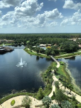 arial view of a pond with fountain and walkways