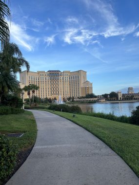 walkway with hotel and pond in the background