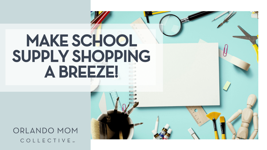 Artboard studio c via unsplash school supplies around a white notebook with words 'make school supply shopping a breeze!' on the left