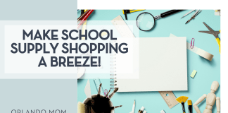 Artboard studio c via unsplash school supplies around a white notebook with words 'make school supply shopping a breeze!' on the left
