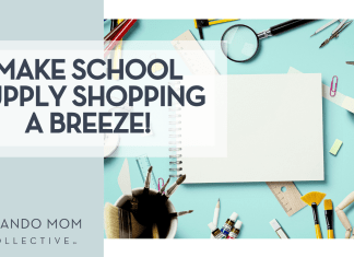 Artboard studio c via unsplash school supplies around a white notebook with words 'make school supply shopping a breeze!' on the left