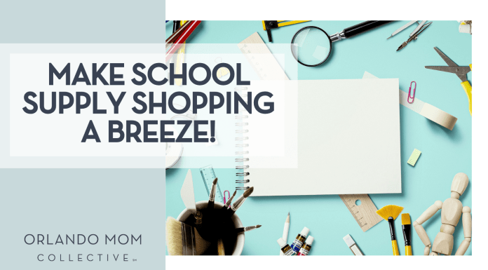 Artboard studio c via unsplash school supplies around a white notebook with words 'make school supply shopping a breeze!' on the left