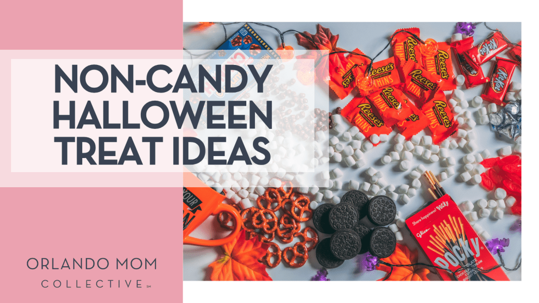 Non-Candy Halloween Treat Ideas Branden Skelli via Unsplash candy on a white table with 'non-candy halloween treat ideas' on the left