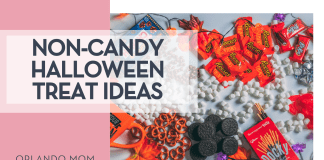 Non-Candy Halloween Treat Ideas Branden Skelli via Unsplash candy on a white table with 'non-candy halloween treat ideas' on the left