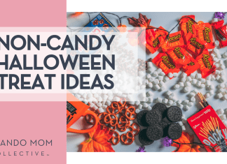 Branden Skelli via Unsplash candy on a white table with 'non-candy halloween treat ideas' on the left