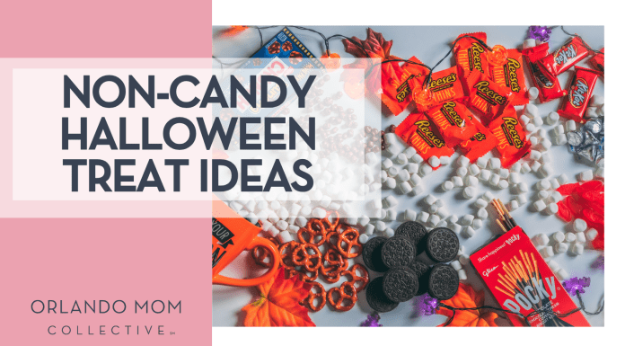 Branden Skelli via Unsplash candy on a white table with 'non-candy halloween treat ideas' on the left