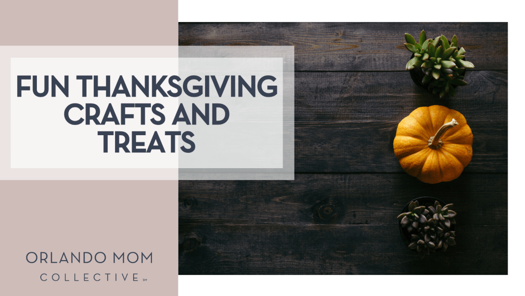 Patrick Fore via Unsplash succulent, pumpkin and pine cone on dark wood table with 'Fun Thanksgiving Crafts and Treats' on the left