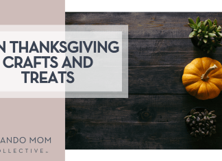 Patrick Fore via Unsplash succulent, pumpkin and pine cone on dark wood table with 'Fun Thanksgiving Crafts and Treats' on the left