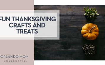 Fun Thanksgiving Crafts and Treats Patrick Fore via Unsplash succulent, pumpkin and pine cone on dark wood table with 'Fun Thanksgiving Crafts and Treats' on the left