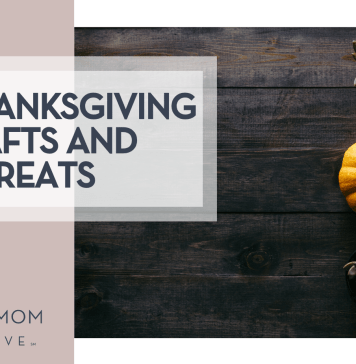 Fun Thanksgiving Crafts and Treats Patrick Fore via Unsplash succulent, pumpkin and pine cone on dark wood table with 'Fun Thanksgiving Crafts and Treats' on the left