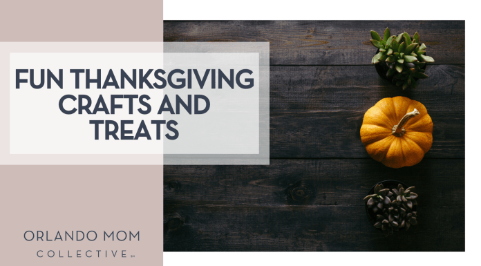 Fun Thanksgiving Crafts and Treats Patrick Fore via Unsplash succulent, pumpkin and pine cone on dark wood table with 'Fun Thanksgiving Crafts and Treats' on the left