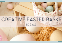 eugenivy now via unsplash photo of pastel Easter eggs in a basket on a crate with words '5 creative Easter Basket ideas' in text over top