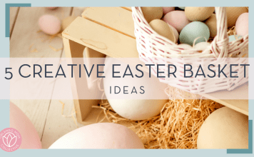 eugenivy now via unsplash photo of pastel Easter eggs in a basket on a crate with words '5 creative Easter Basket ideas' in text over top