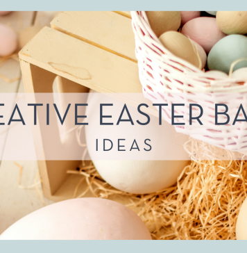 eugenivy now via unsplash photo of pastel Easter eggs in a basket on a crate with words '5 creative Easter Basket ideas' in text over top