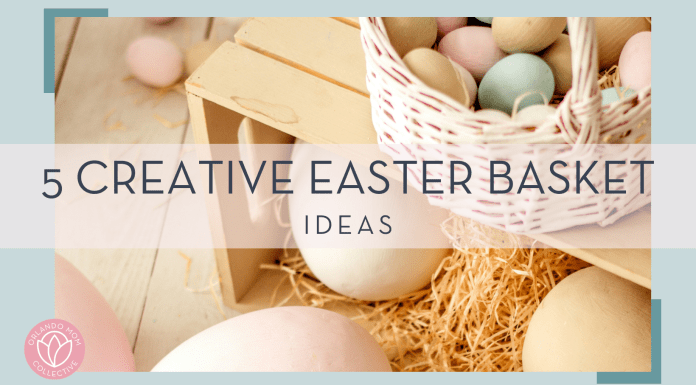 eugenivy now via unsplash photo of pastel Easter eggs in a basket on a crate with words '5 creative Easter Basket ideas' in text over top