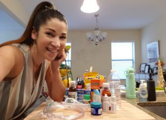 Mom with allergy meds on the cutting board in the kitchen, ready to help take care of those spring allergy symptoms