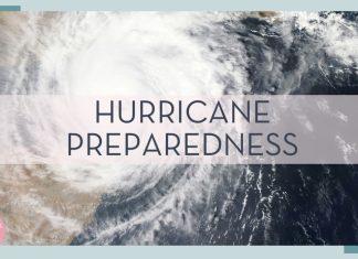 satelite image of hurricane in the ocean with words 'hurricane preparedness' overtop