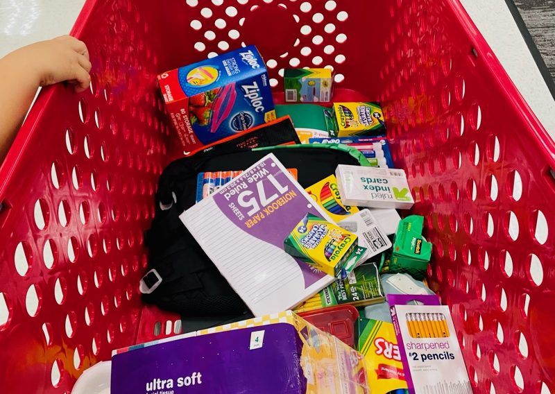 Target shopping cart filled with school supplies