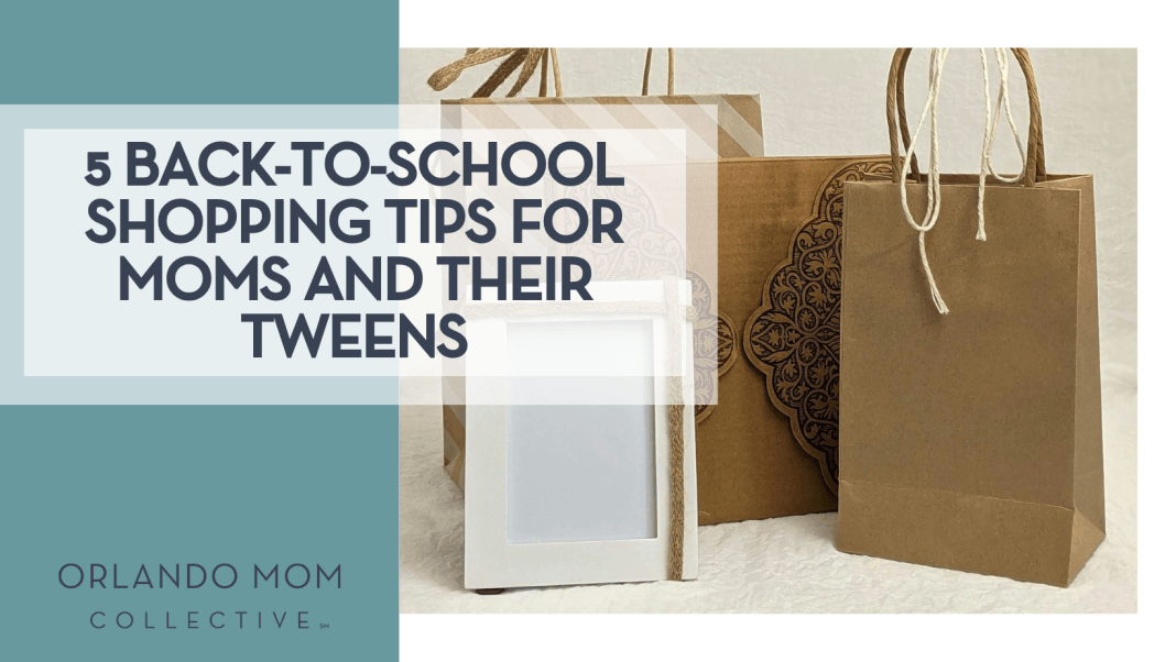 5 Back-to-School Shopping Tips For Moms and Their Tweens Susan Wilkinson via Unsplsh three brown paper bags with a frame in front of them with words '5 Back-to-School Shopping Tips For Moms and Their Tweens' on the left