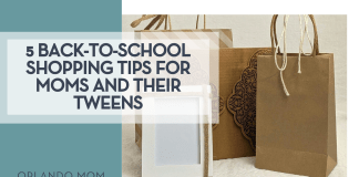 5 Back-to-School Shopping Tips For Moms and Their Tweens Susan Wilkinson via Unsplsh three brown paper bags with a frame in front of them with words '5 Back-to-School Shopping Tips For Moms and Their Tweens' on the left