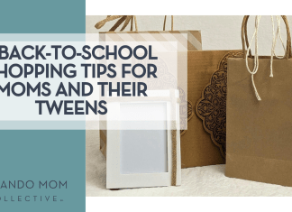 Susan Wilkinson via Unsplsh three brown paper bags with a frame in front of them with words '5 Back-to-School Shopping Tips For Moms and Their Tweens' on the left