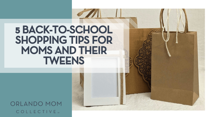 5 Back-to-School Shopping Tips For Moms and Their Tweens Susan Wilkinson via Unsplsh three brown paper bags with a frame in front of them with words '5 Back-to-School Shopping Tips For Moms and Their Tweens' on the left