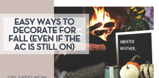 Rikkia Hughes via Unsplash fire in a fireplace with folded sweaters, a candle, little pumpkins and a sign that says 'sweater weather' in front of the fire with 'Easy Ways to Decorate for Fall (Even If The AC Is Still On)' on the left
