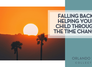 Navi via Unsplash image of a setting sun over a hill with two palm trees ahead of it with words 'Falling Back: Helping Your Child Through The Time Change' on the right