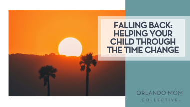 Navi via Unsplash image of a setting sun over a hill with two palm trees ahead of it with words 'Falling Back: Helping Your Child Through The Time Change' on the right