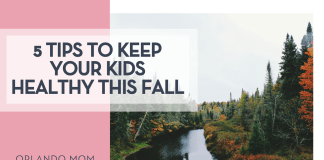 Noah Silliman via Unspalsh image of fall trees near a river with '5 Tips to Keep Your Kids Healthy This Fall' on the left