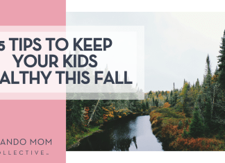 Noah Silliman via Unspalsh image of fall trees near a river with '5 Tips to Keep Your Kids Healthy This Fall' on the left