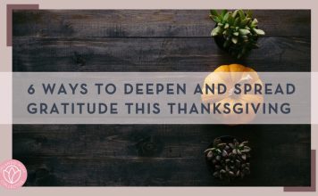 a plant, a pumpkin and another plant in a line on a wood table taken from the top with words '6 Ways to Deepen and Spread Gratitude this Thanksgiving' over top