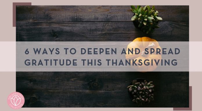 a plant, a pumpkin and another plant in a line on a wood table taken from the top with words '6 Ways to Deepen and Spread Gratitude this Thanksgiving' over top