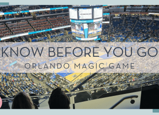 crowd and court inside the Kia Center with words 'know before you go orlando magic game' in text overtop