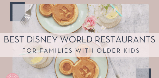 andrijana bozic unsplash image of mickey shaped pancakes and smoothies with words 'best Disney World restaurants for families with older kids' over top of picture.