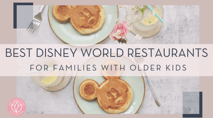 andrijana bozic unsplash image of mickey shaped pancakes and smoothies with words 'best Disney World restaurants for families with older kids' over top of picture.