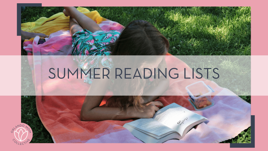 skylar-zilka via unsplash photo of girl reading on her belly and a towel in the grass with words 'summer reading lists' overtop