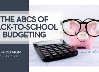 graphic with a piggy bank with glasses and calculator with the title "the abcs of back-to-school budgeting'