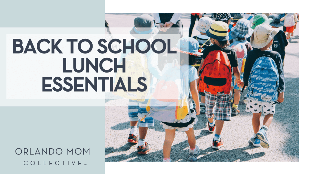 Back to School Lunch Essentials Note Thanun via Unsplash image of children with backpacks on walking away with words 'Back to School Lunch Essentials' on the left