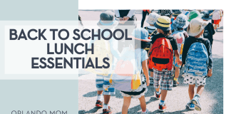 Note Thanun via Unsplash image of children with backpacks on walking away with words 'Back to School Lunch Essentials' on the left