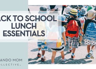 Back to School Lunch Essentials Note Thanun via Unsplash image of children with backpacks on walking away with words 'Back to School Lunch Essentials' on the left