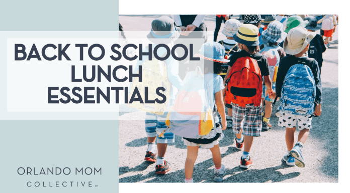 Back to School Lunch Essentials Note Thanun via Unsplash image of children with backpacks on walking away with words 'Back to School Lunch Essentials' on the left