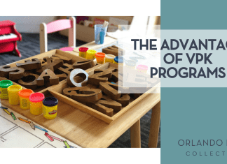 Gautam Arora via Unsplash wooden letters in a box and other school supplies on a desk with 'The Advantage of VPK Programs' on the right