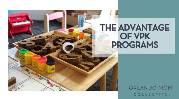 The Advantage of VPK Programs Gautam Arora via Unsplash wooden letters in a box and other school supplies on a desk with 'The Advantage of VPK Programs' on the right