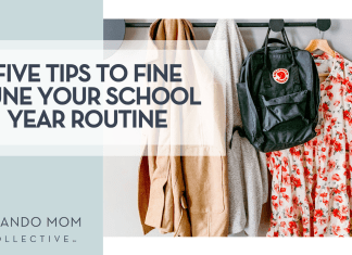 SOCIAL CUT Via Unsplash coats and backpacks on a coat rack with words "Five Tips to Finetune Your School Year Routine" on the left
