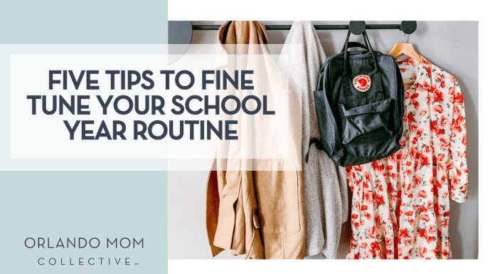 SOCIAL CUT Via Unsplash coats and backpacks on a coat rack with words "Five Tips to Finetune Your School Year Routine" on the left