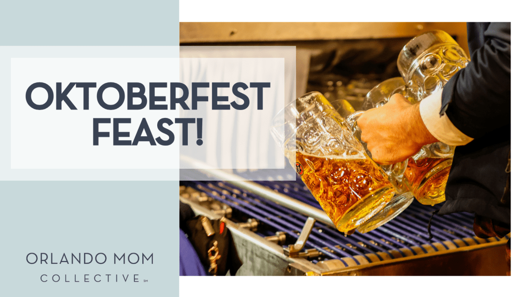 Oktoberfest Feast! Kimia via Unsplash man's hand with three beer mugs at the tap with words 'Oktoberfest Feast!' on the left