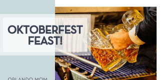 Kimia via Unsplash man's hand with three beer mugs at the tap with words 'Oktoberfest Feast!' on the left