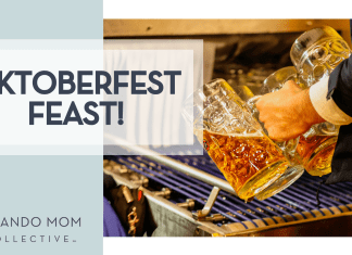 Oktoberfest Feast! Kimia via Unsplash man's hand with three beer mugs at the tap with words 'Oktoberfest Feast!' on the left