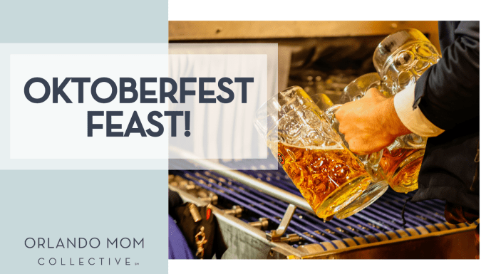 Oktoberfest Feast! Kimia via Unsplash man's hand with three beer mugs at the tap with words 'Oktoberfest Feast!' on the left